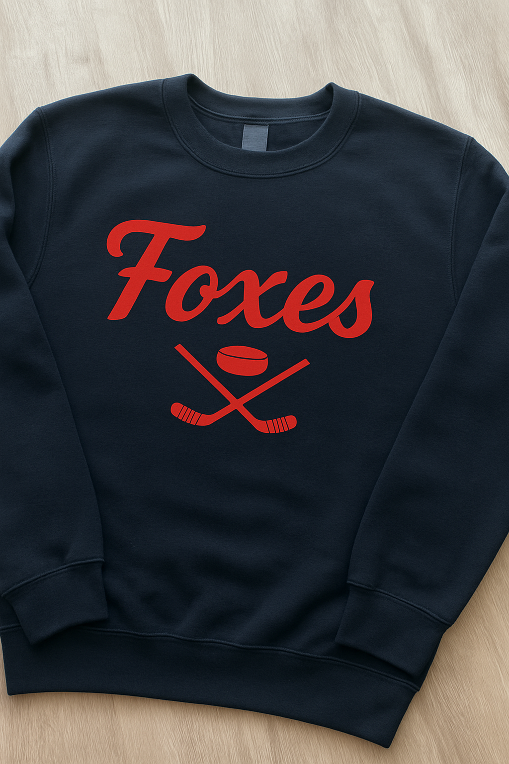 Red & Black Crewneck with Custom Team Name and Hockey Sticks
