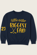 Blue and Yellow Little Sister Biggest FanCozy Youth Hockey Hoodie